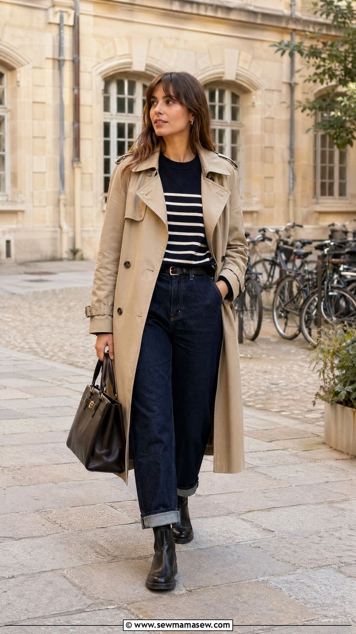 Trench coat with striped sweater and straight leg jeans - 35 cute college outfits