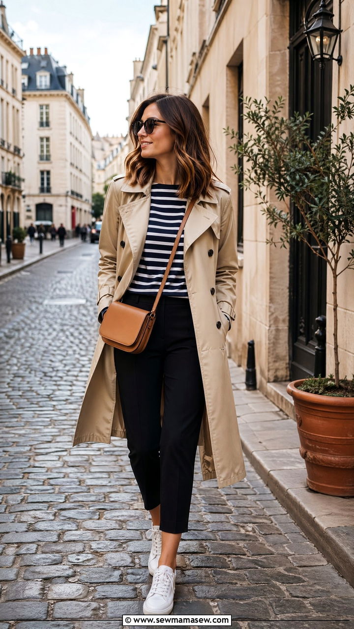 Trench coat with striped top and cropped trousers - 35 classy travel outfit ideas