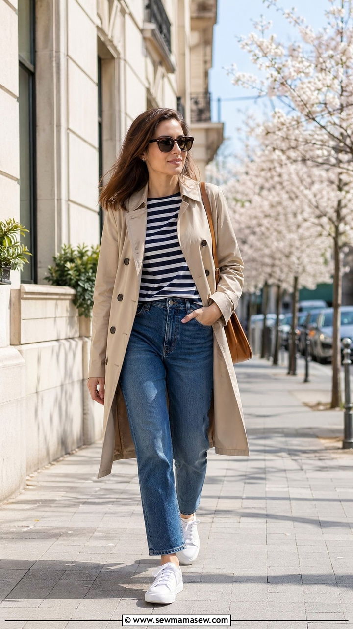 Trench coat with striped top and straight leg jeans - 35 spring easy outfit ideas