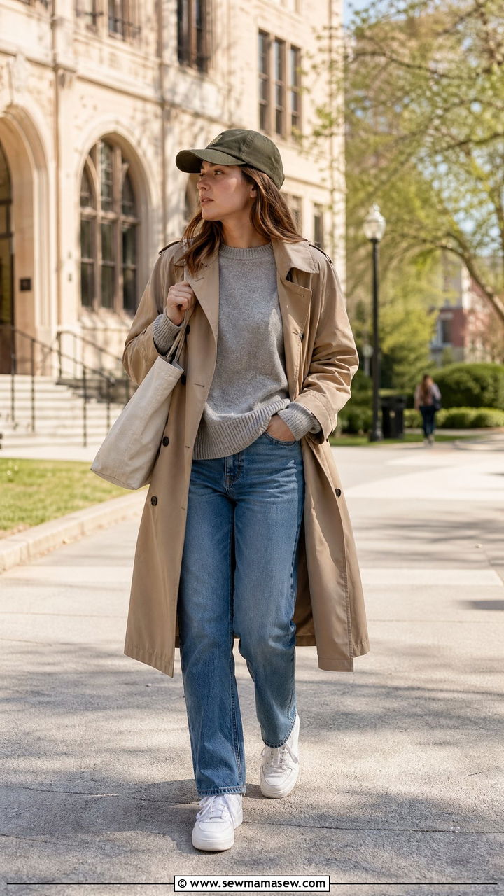 Trench coat with sweater and jeans outfit - 35 cute school outfits