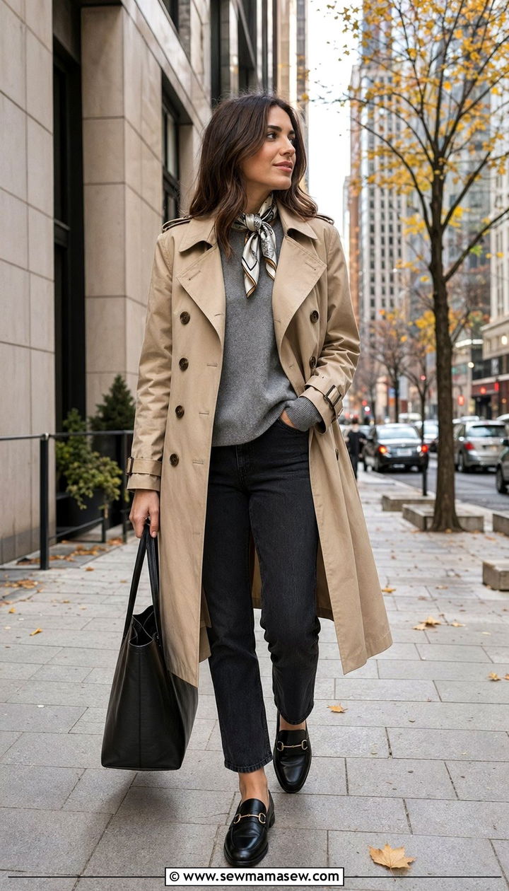 Trench coat with sweater and straight leg jeans and loafers - 30 Age appropriate outfit ideas