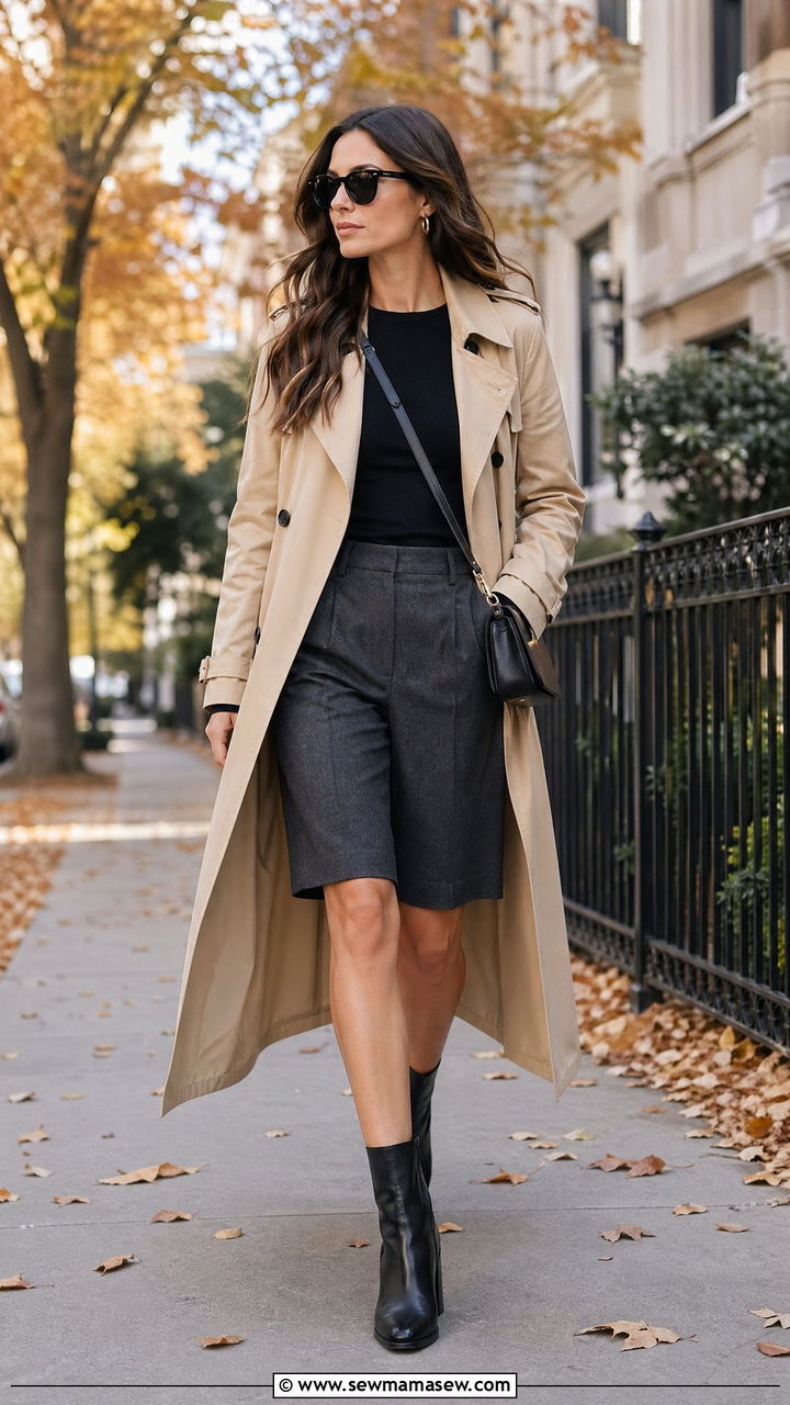 Trench coat with tailored shorts and ankle boots - 35 trench coat outfits ideas