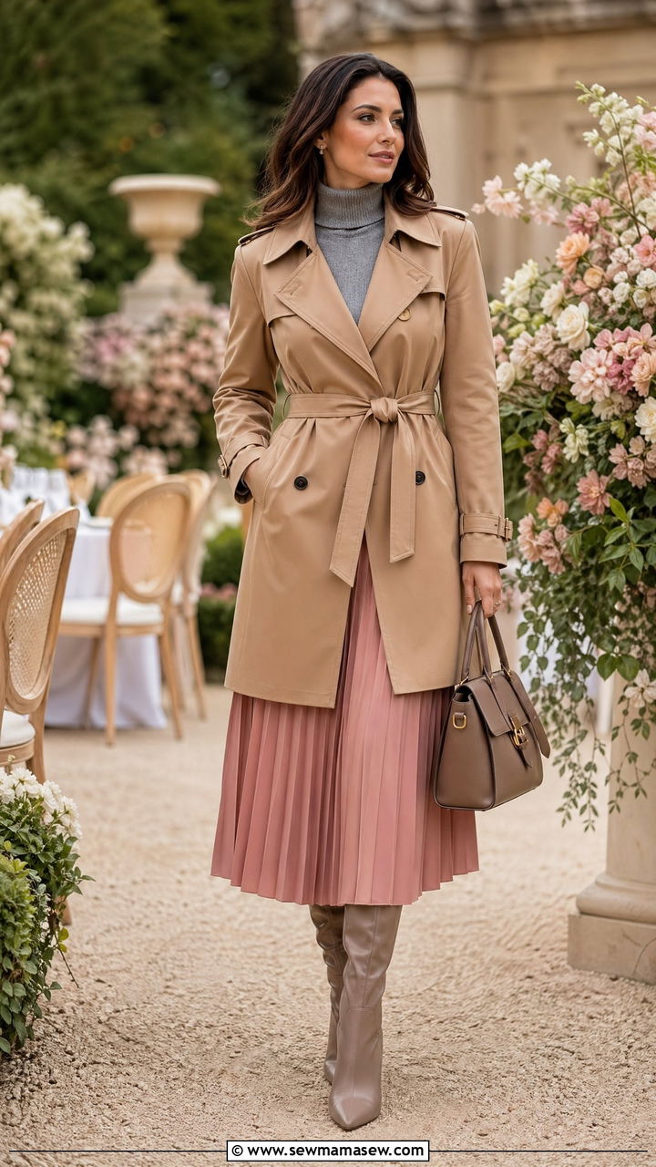 Trench coat with turtleneck and pleated midi skirt - 35 trench coat outfits ideas
