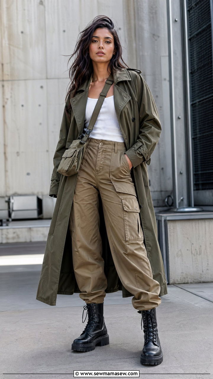 Trench coat with utility pants and combat boots - 35 trench coat outfits ideas