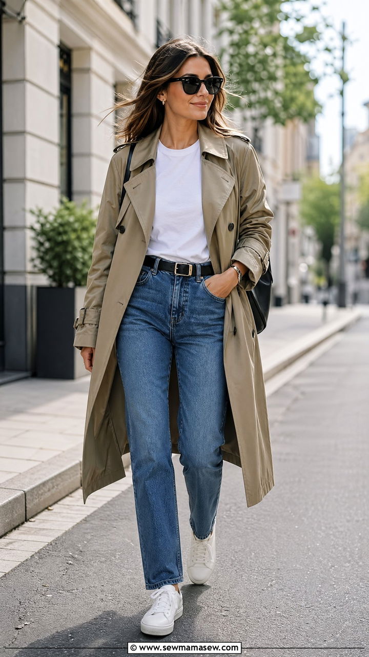 Trench coat with white tee and blue jeans - 35 chic outfit ideas for women