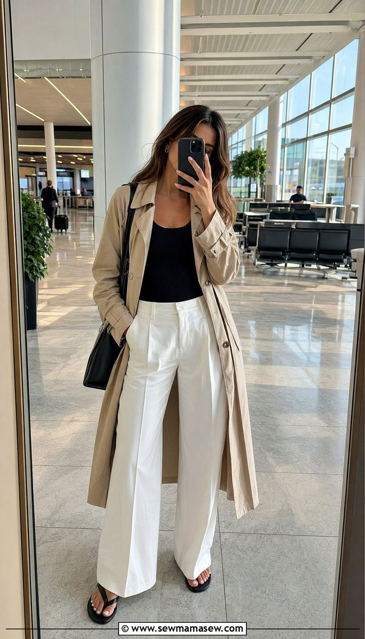 Trench coat with white wide leg trousers and a tank top - 30 Airport outfit ideas with a trench coat