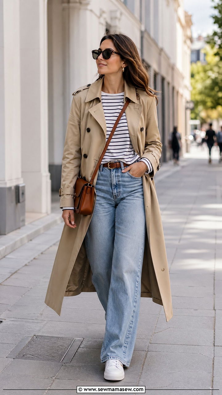 Trench coat with wide leg jeans and sneakers - 35 spring smart casual outfit ideas