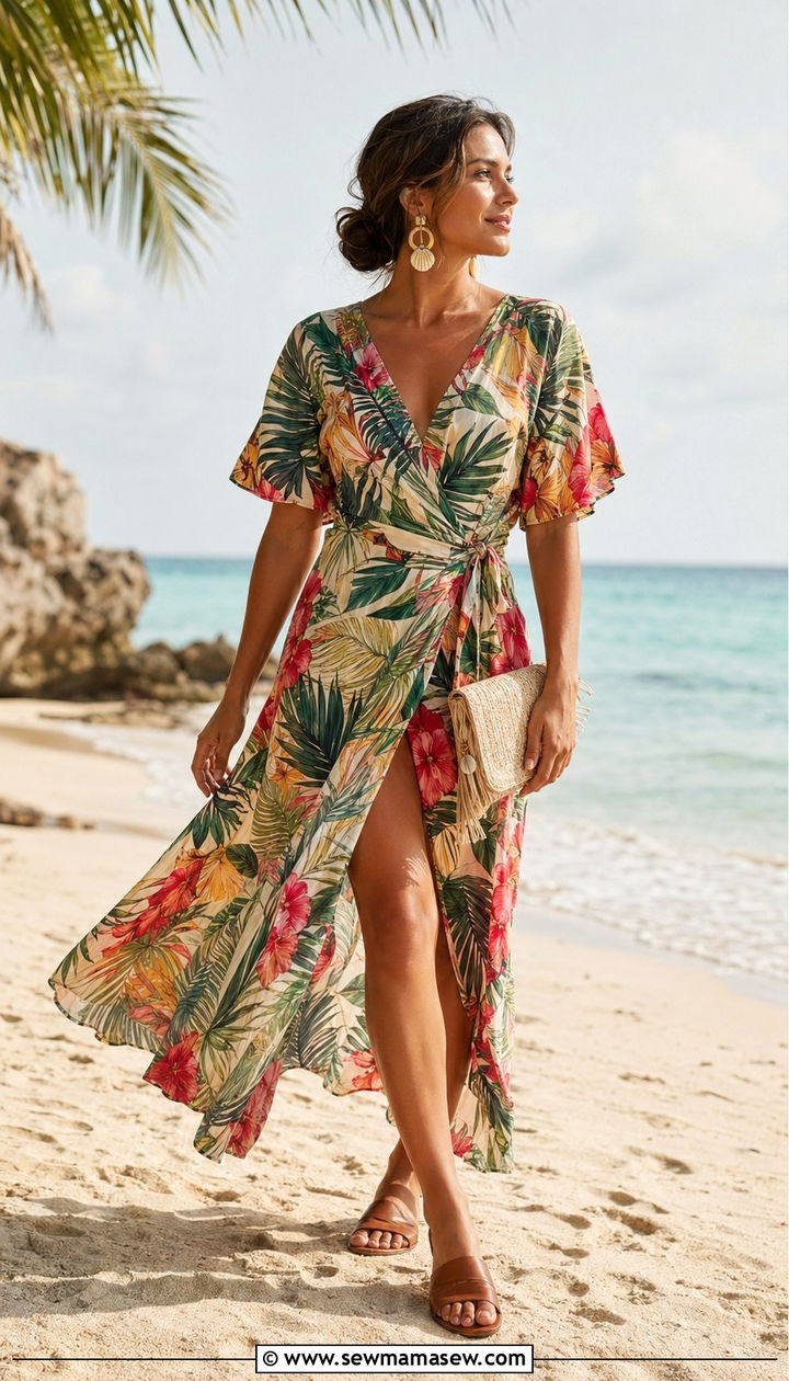 Tropical Print Dress With Raffia Clutch - 30 Wedding guest outfits for hot weather