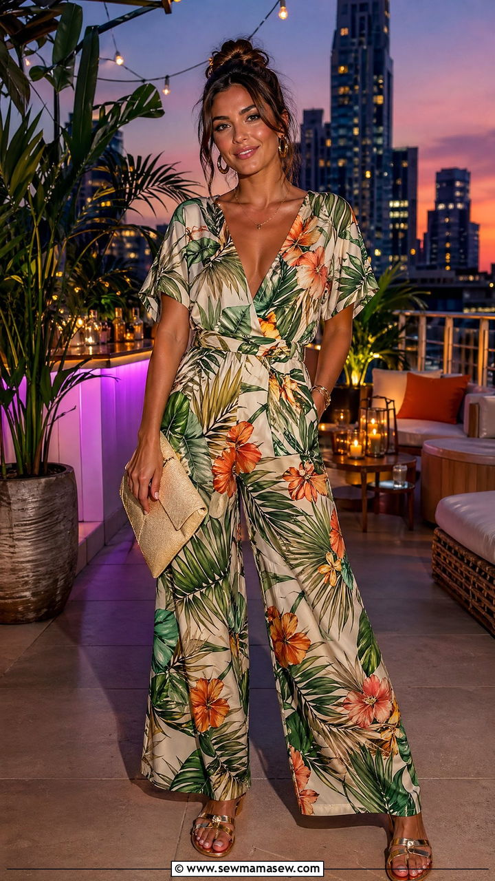 Tropical Print Jumpsuit with Metallic Sandals - 35 Summer rooftop outfits