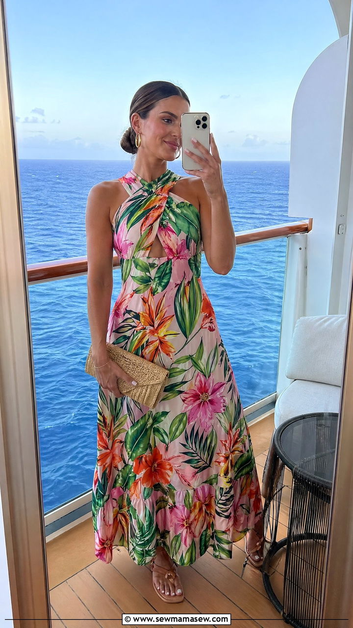 Tropical Print Maxi Dress With Strappy Sandals - 35 Cruise dinner outfit ideas