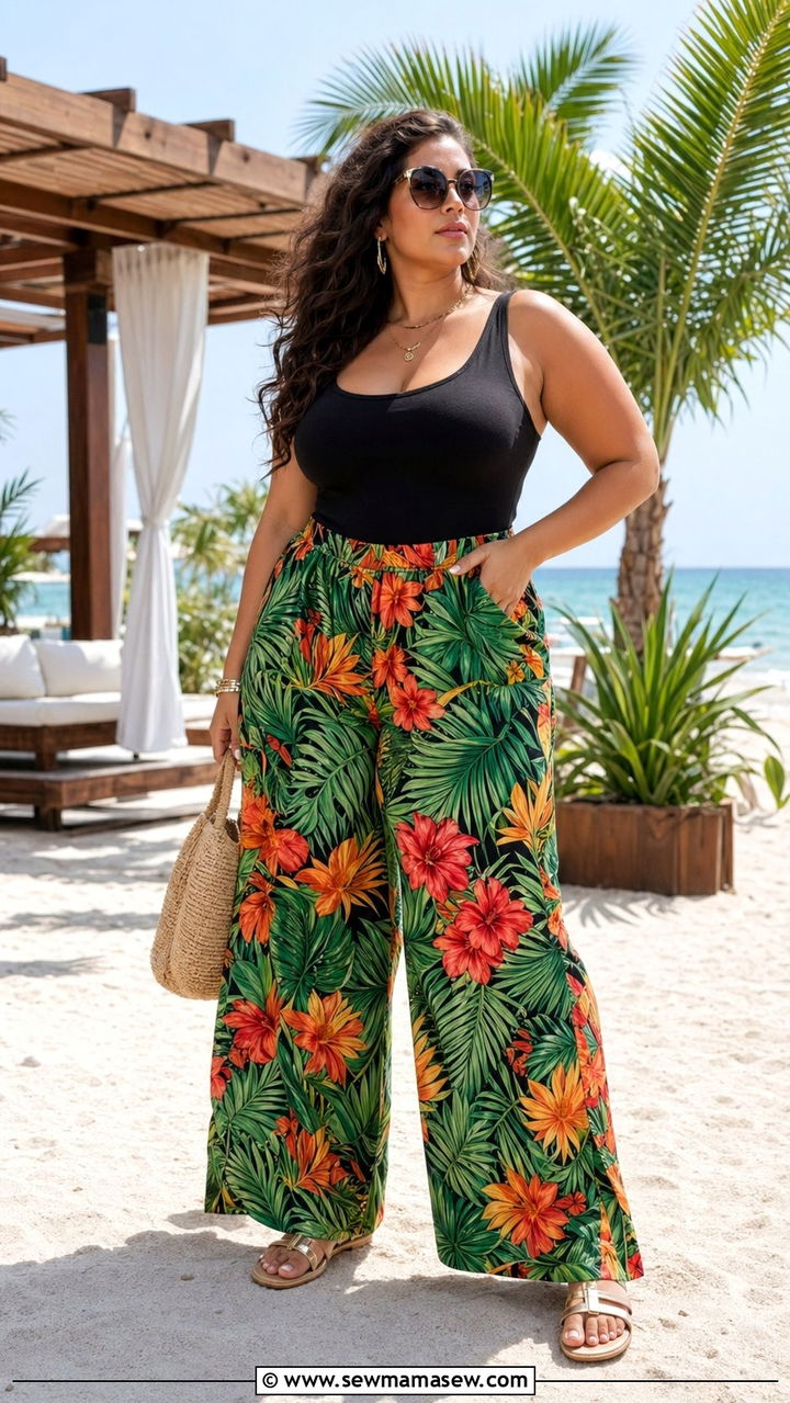 Tropical Print Palazzo Pants And Solid Tank Summer Outfit - 35 Plus size outfit ideas size 20 summer