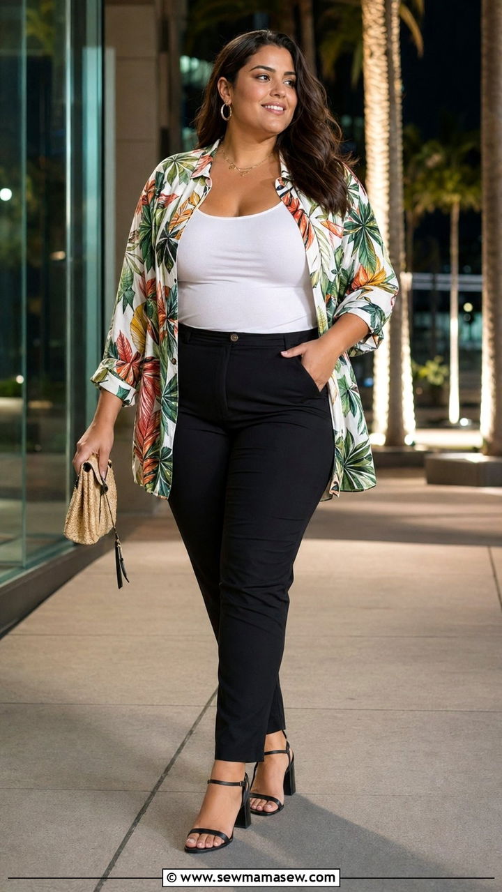 Tropical Print Shirt Jacket Over White Tank - 35 Plus size summer outfits