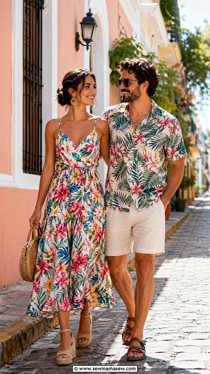 Tropical Print Shirt and Sundress Vacation Couple Outfit - 35 Couples photoshoot outfit ideas
