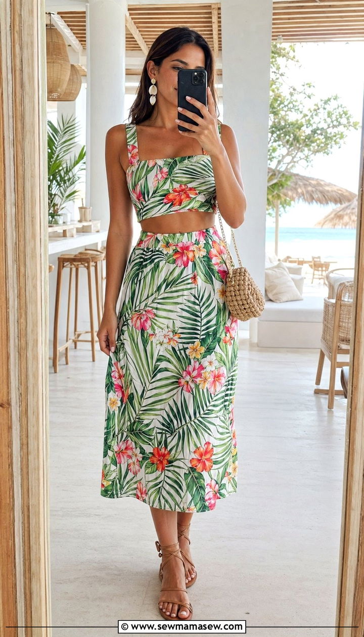 Tropical print co ord skirt set - 30 Birthday vacation outfit ideas