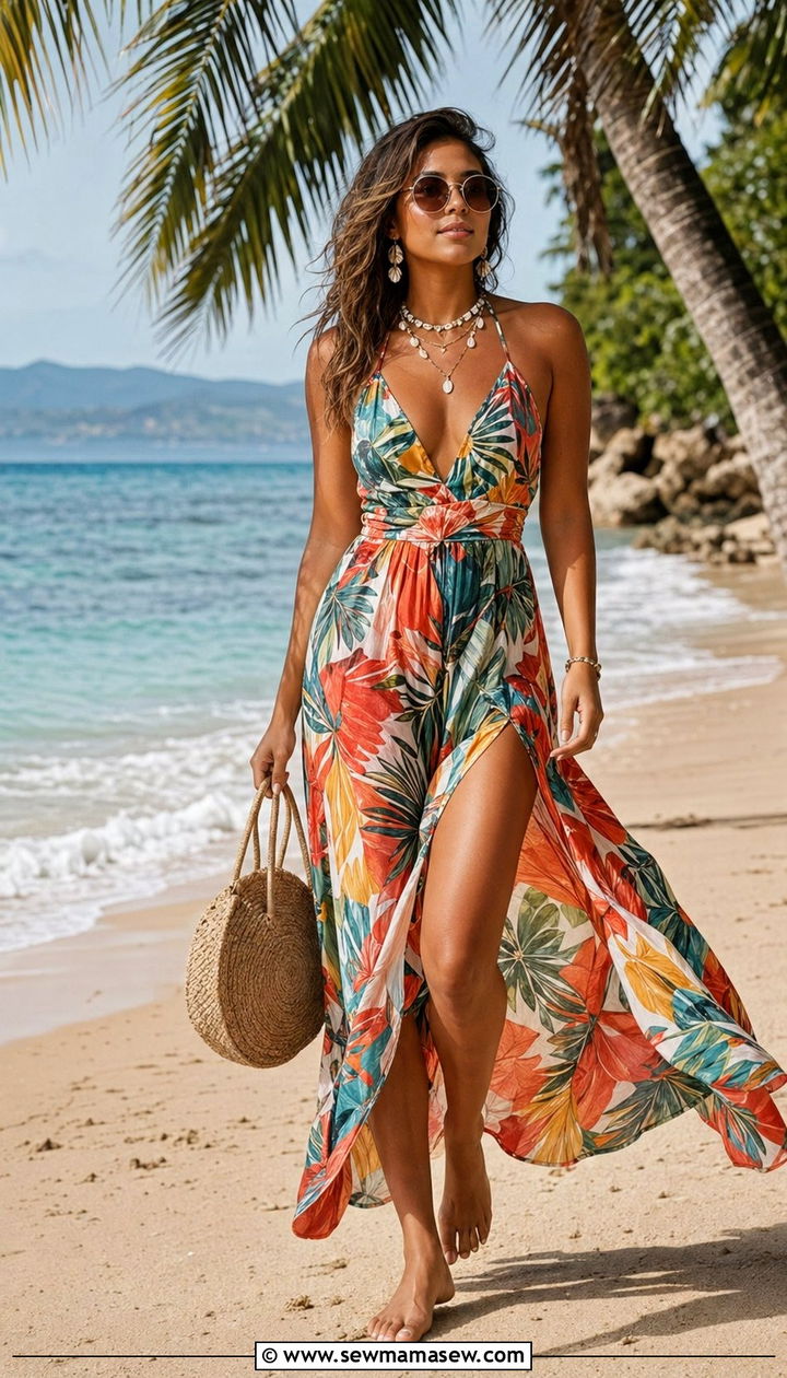 Tropical print maxi dress for a beach shoot - 30 Birthday photoshoot outfit ideas