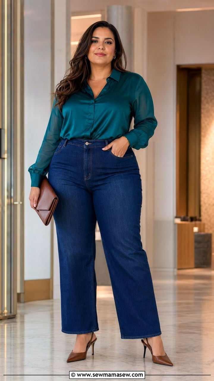 Trouser style dark wash jeans with a silky blouse and pointy slingback heels - 30 Best jeans for plus size