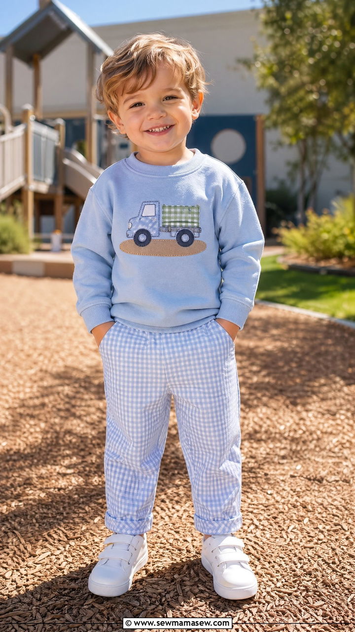 Truck Sweatshirt and Gingham Pants Outfit - 35 Spring outfits for kids