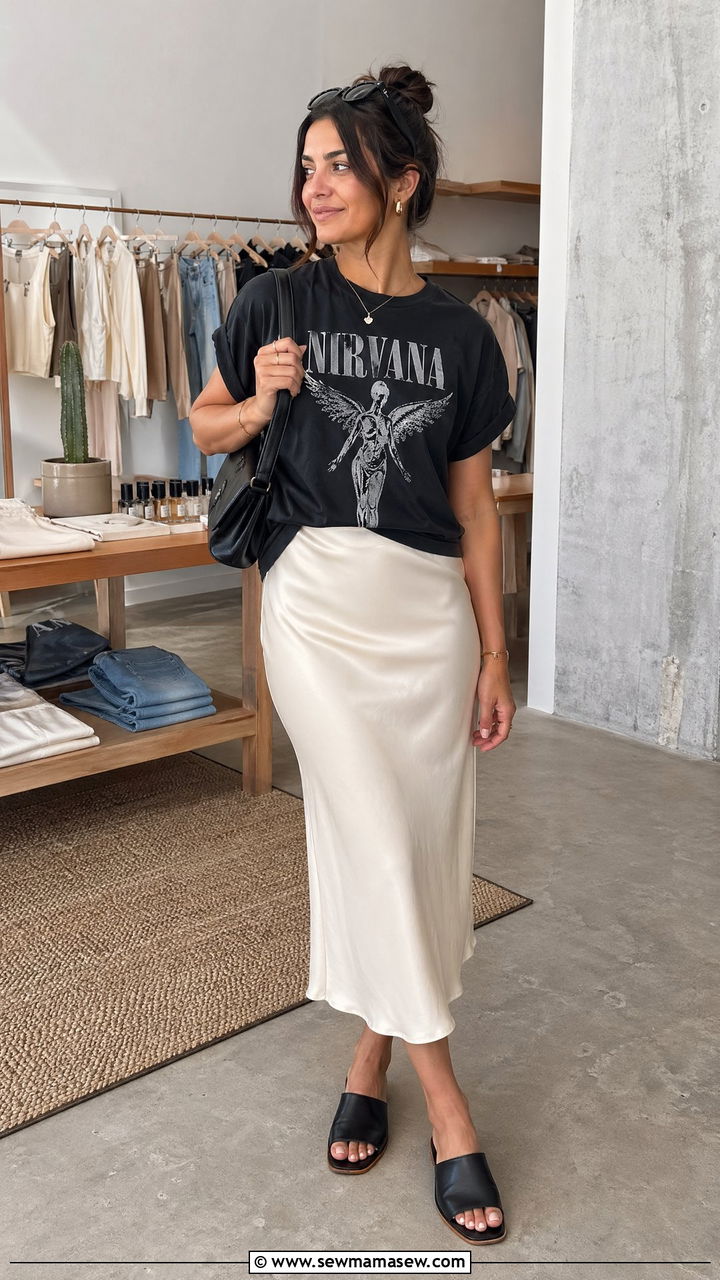 Tshirt and satin midi skirt outfit - 35 shopping outfit ideas for women
