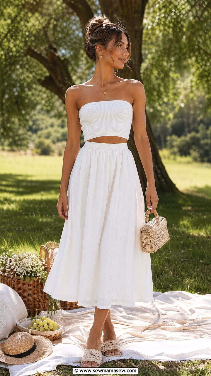 Tube Top with Midi Skirt - 35 Spring picnic outfit ideas