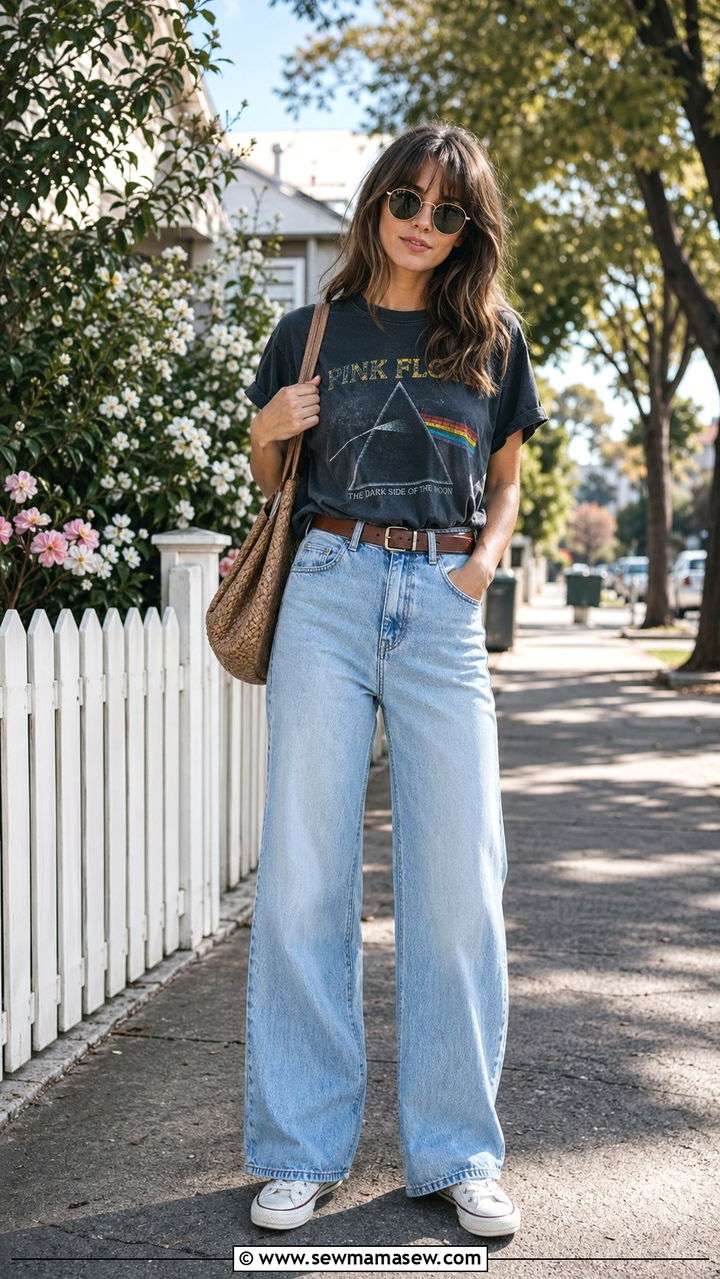 Tucked In Graphic Tee with High Waisted Wide Leg Jeans - 35 Outfit ideas for tall women