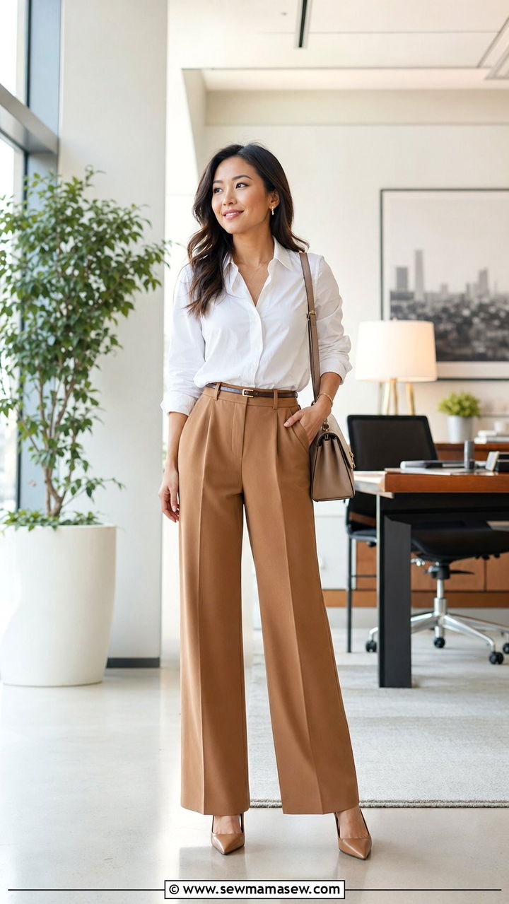 Tucked in blouse with high waist wide leg trousers outfit petite - 35 Outfit ideas for petite women