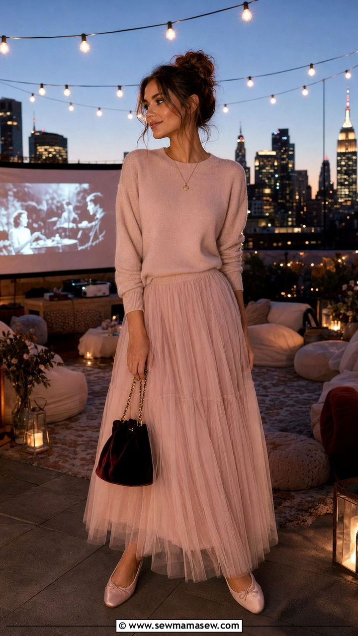 Tulle Maxi Skirt With Fine Knit Sweater - 35 Romantic summer outfits
