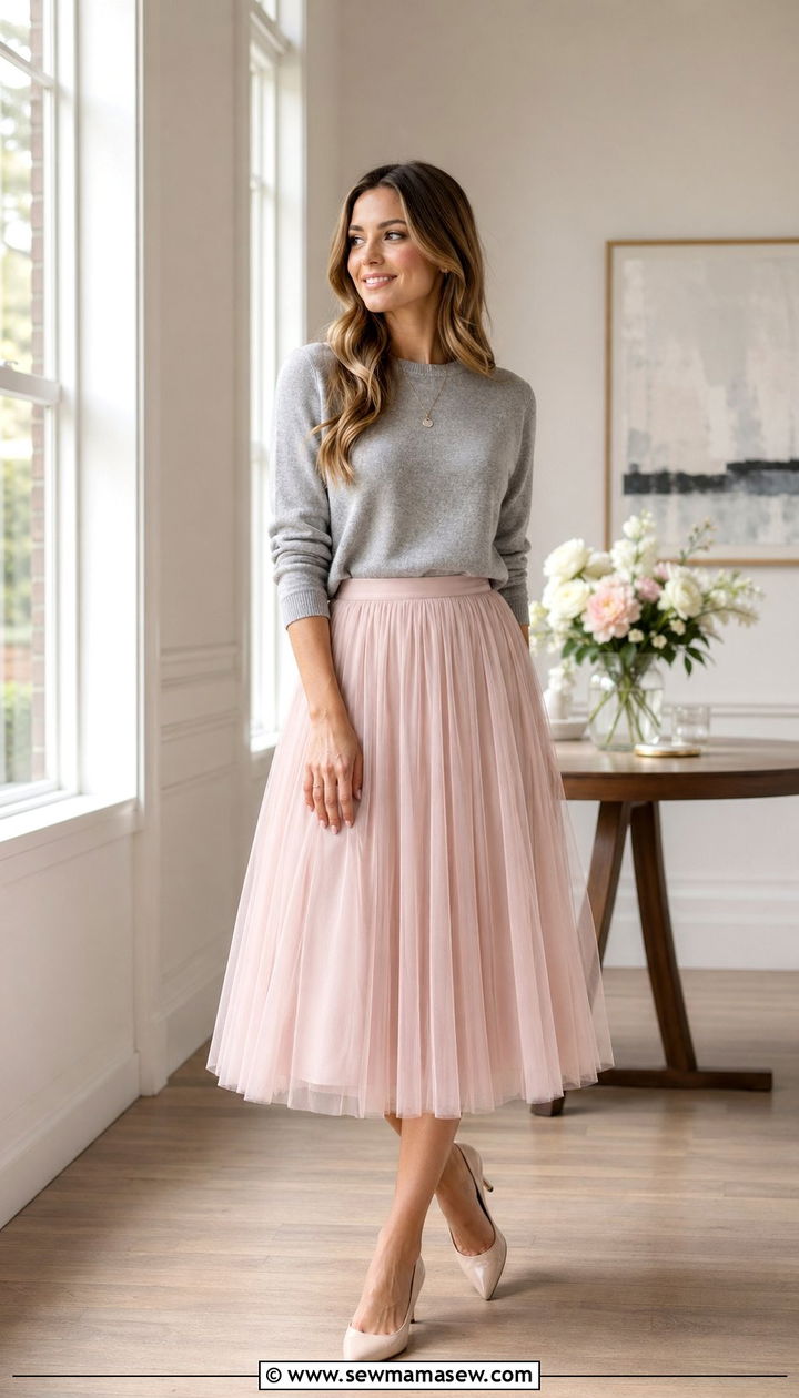 Tulle Midi Skirt And Cashmere Sweater - 35 romantic outfits ideas