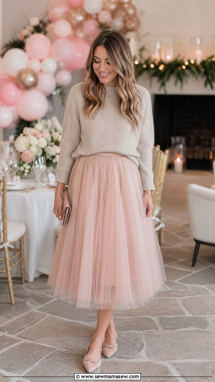 Tulle Midi Skirt With Cashmere Sweater - 35 what to wear to a bridal shower