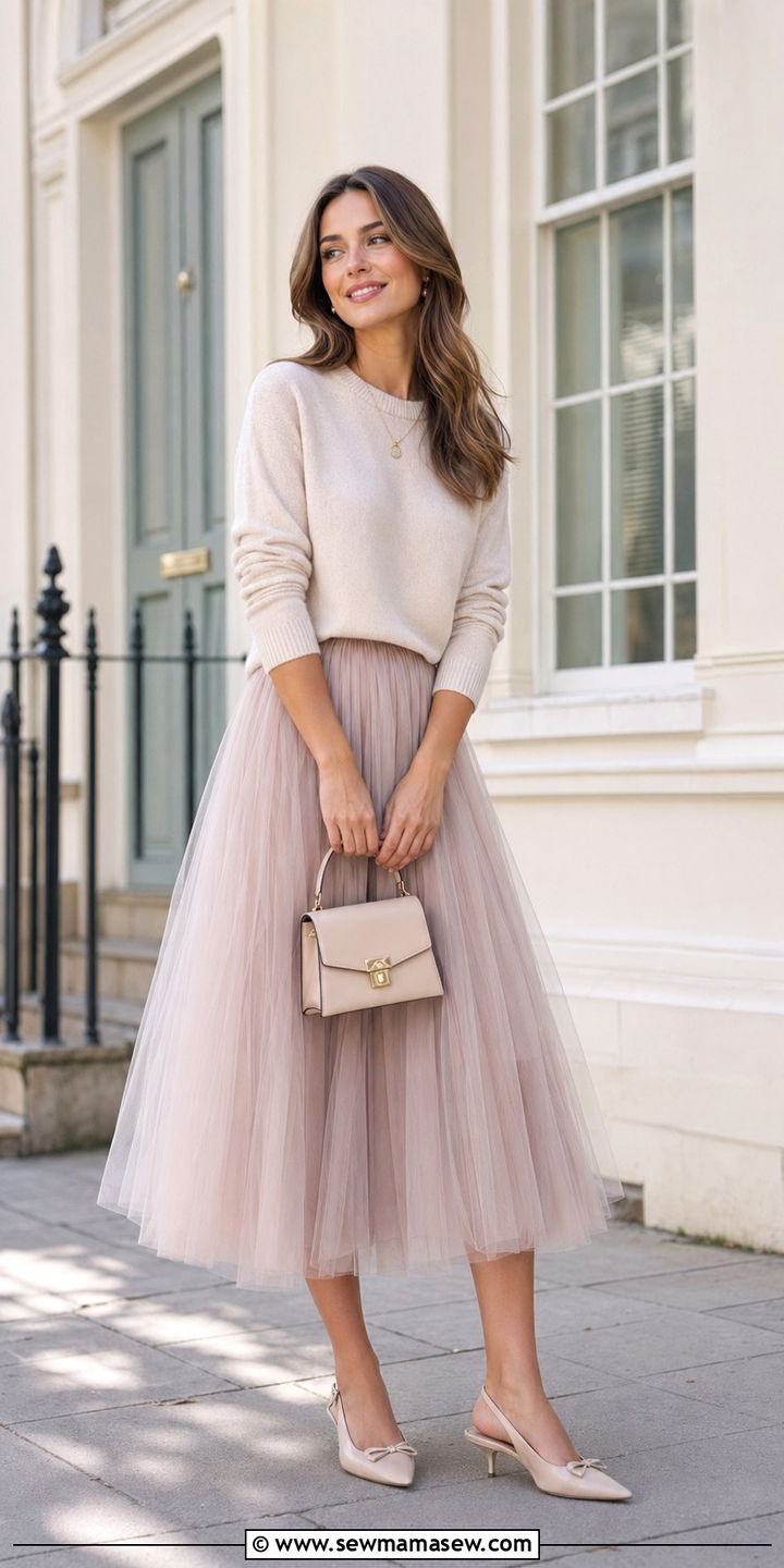 Tulle Midi Skirt With Knit Sweater Outfit - 35 romantic outfits for women