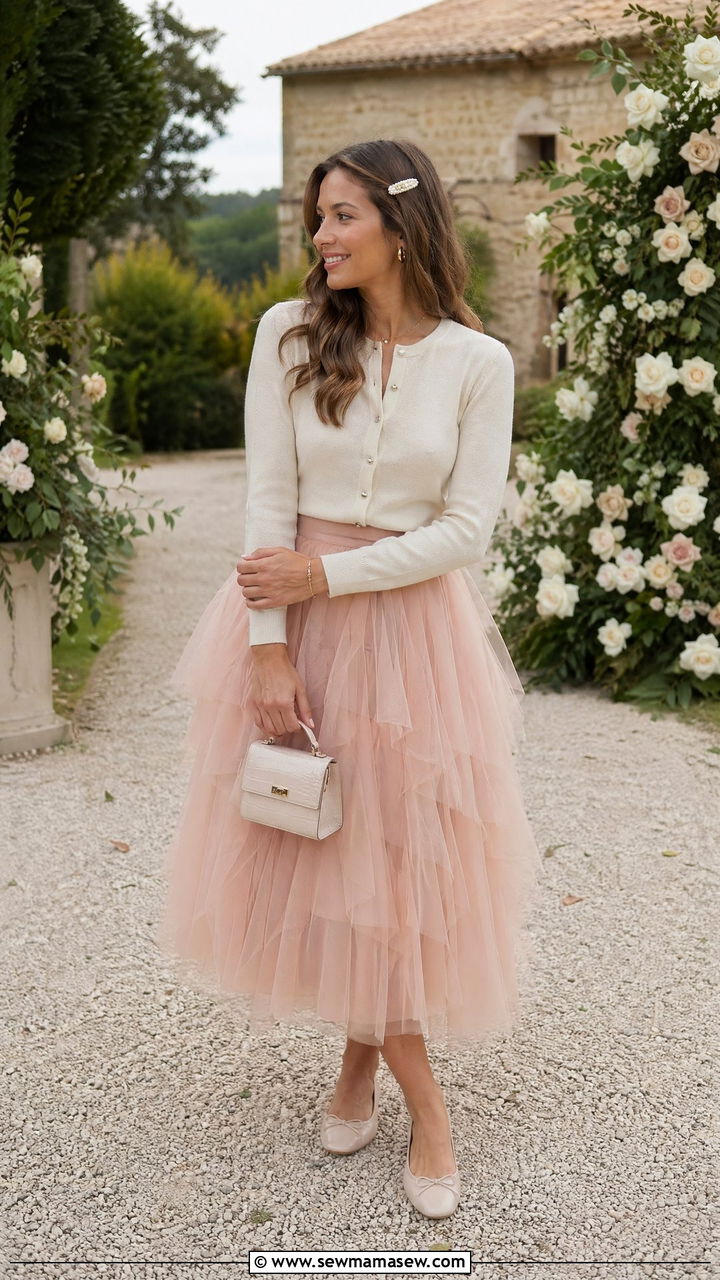 Tulle Midi Skirt and Cardigan Wedding Guest Outfit - 35 Cottagecore wedding guest outfits