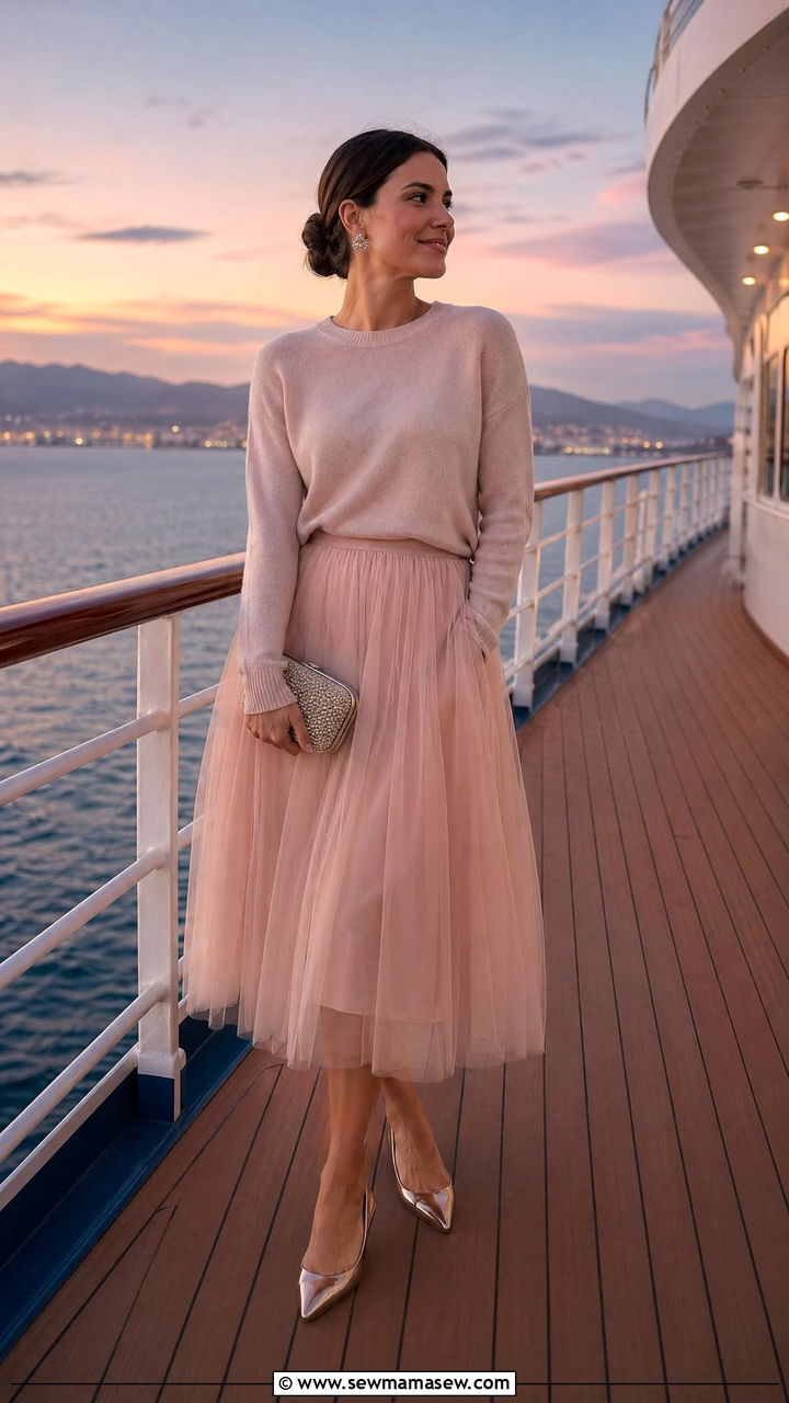 Tulle Midi Skirt and Cashmere Sweater - 35 classy cruise outfit ideas