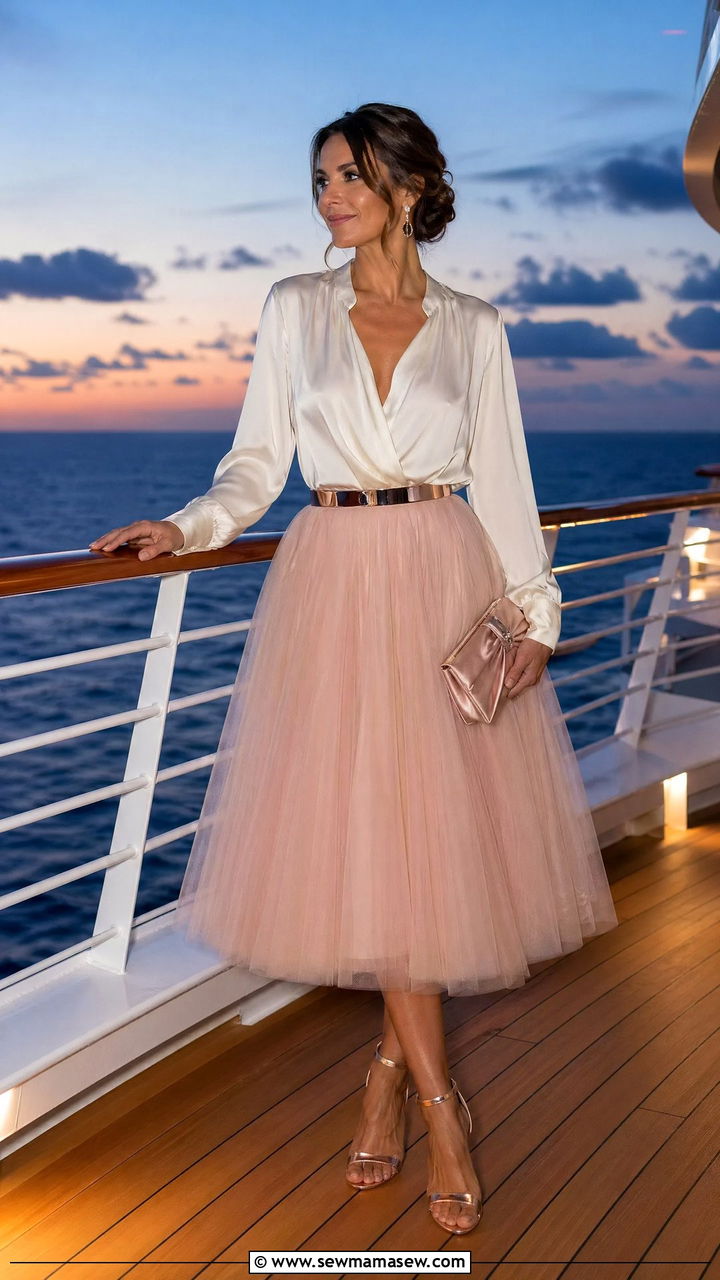 Tulle Skirt With Silk Blouse And Metallic Belt - 35 Cruise dinner outfit ideas