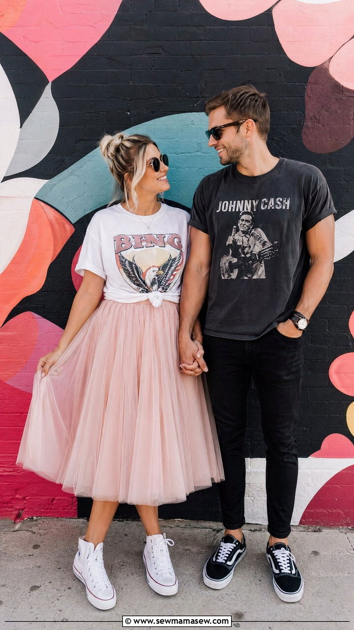 Tulle Skirt and Graphic Tee Playful Couple Outfit - 35 Couples photoshoot outfit ideas