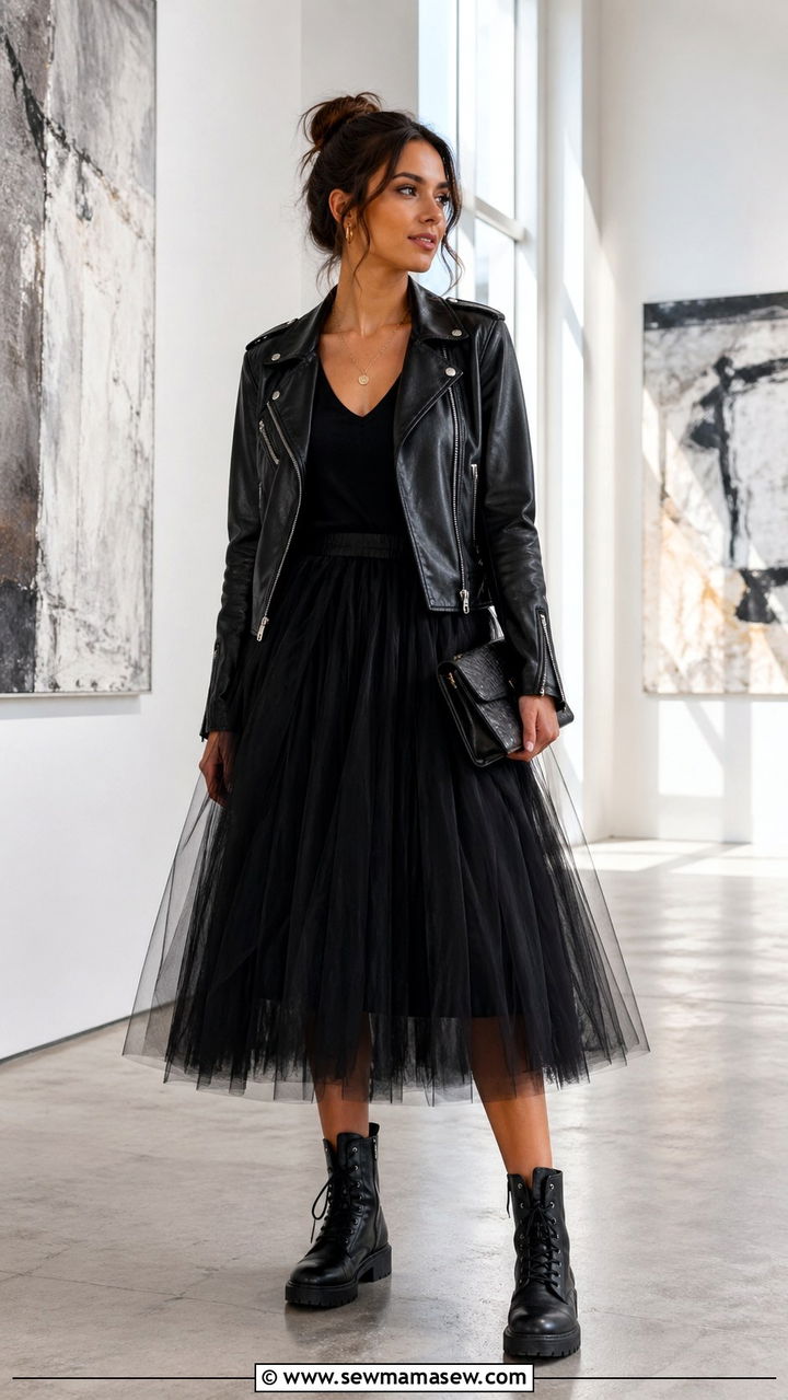 Tulle Skirt with Leather Jacket and Combat Boots - 30 spring edgy outfit ideas