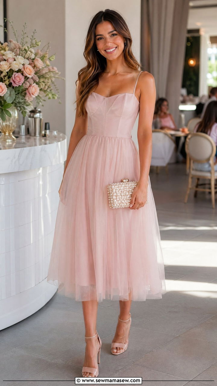 Tulle skirt midi dress with fitted top - 35 spring engagement party outfit ideas