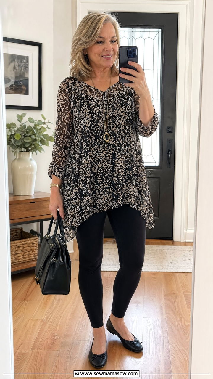 Tunic Blouse with Slim Leggings and Ballet Flats - 35 Timeless outfit ideas for older women