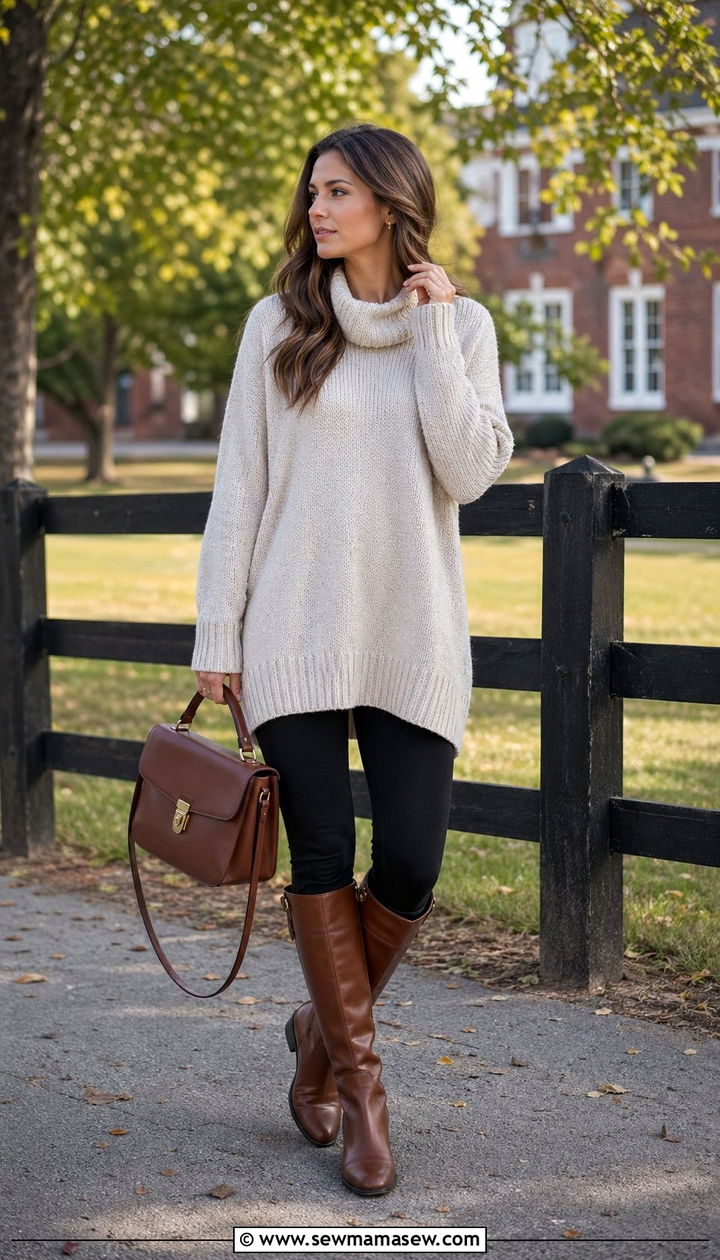 Tunic Sweater And Riding Boots Outfit - 35 school outfits for women