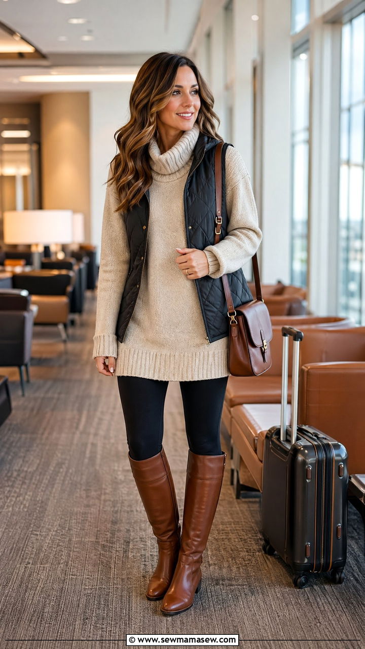 Tunic Sweater With Ponte Leggings And Riding Boots - 40 Airport outfits for women