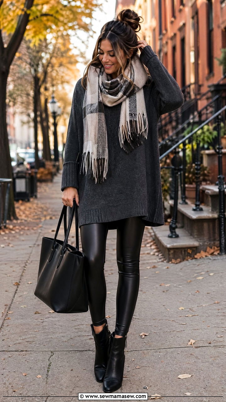 Tunic Sweater and Leather Look Leggings Outfit - 35 cute back to school outfits