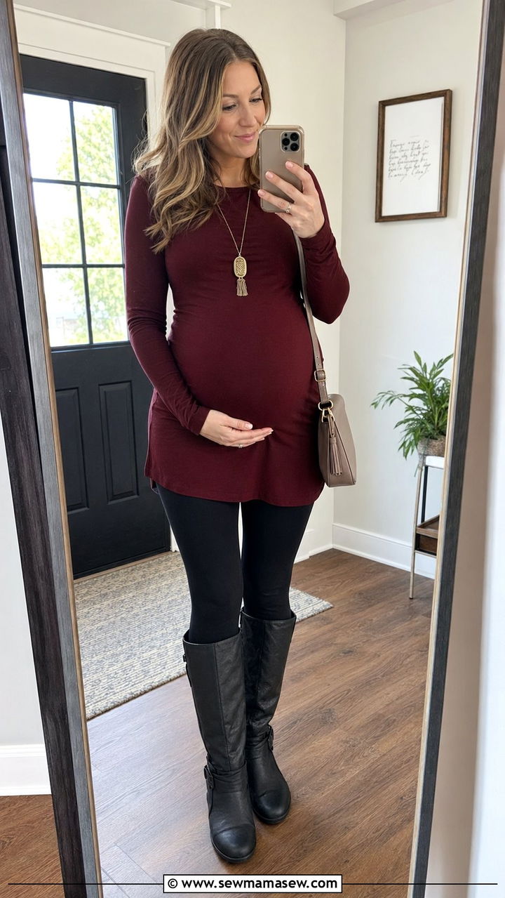 Tunic Top And Leggings Pregnancy Outfit With Tall Boots - 35 pregnancy outfit ideas