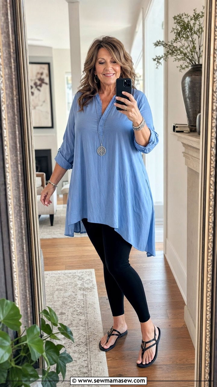 Tunic Top With Leggings And Sandals - 35 Plus size outfits for women over 50