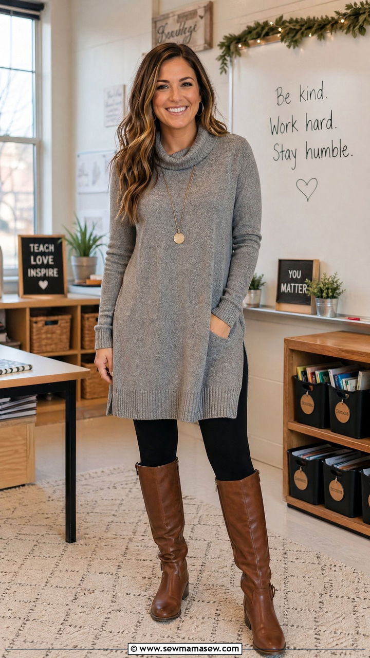 Tunic Top with Leggings and Tall Boots - 35 teacher outfit ideas for women