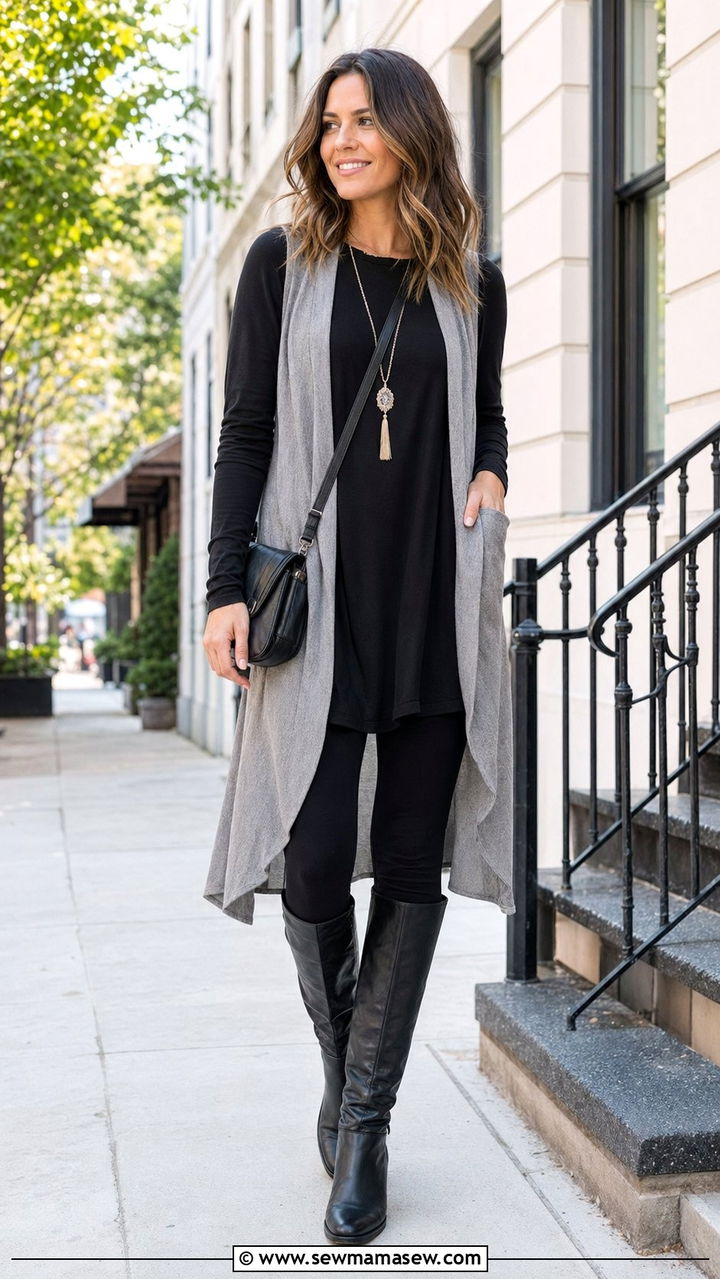 Tunic Top with Leggings and a Long Vest - 35 Petite outfits for women over 40