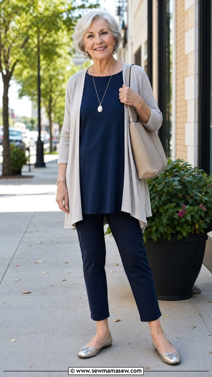 Tunic Top with Slim Pants and Ballet Flats - 35 Outfit ideas for women over 70 2026