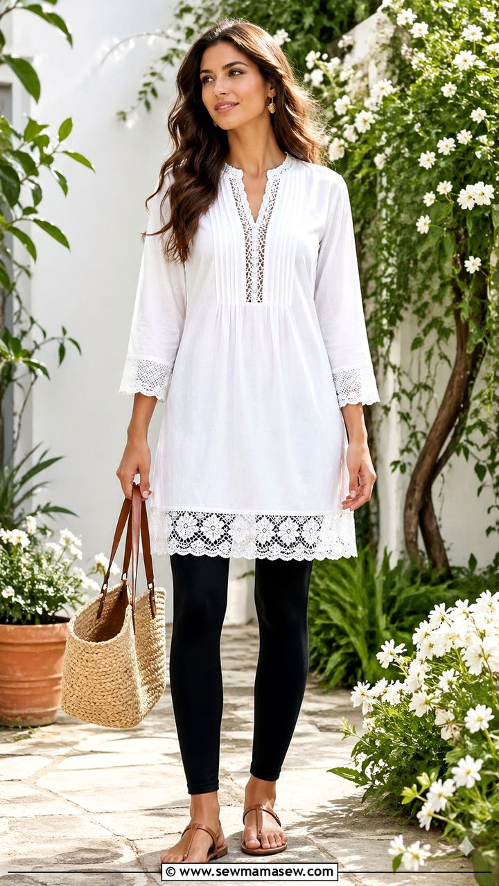 Tunic top with leggings and sandals - 30 spring leggings outfit ideas