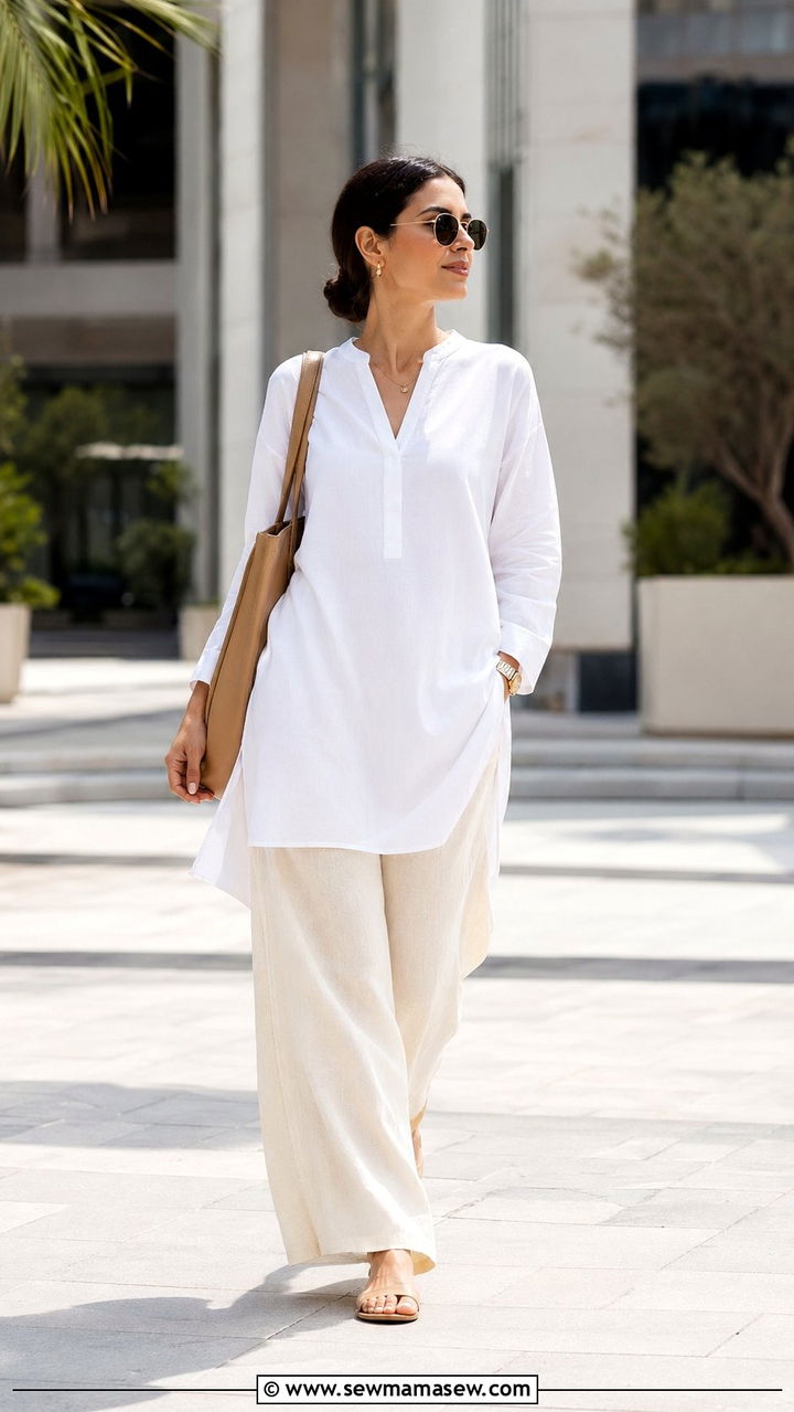 Tunic top with wide leg pants and flat sandals outfit - 35 Modest work outfit ideas