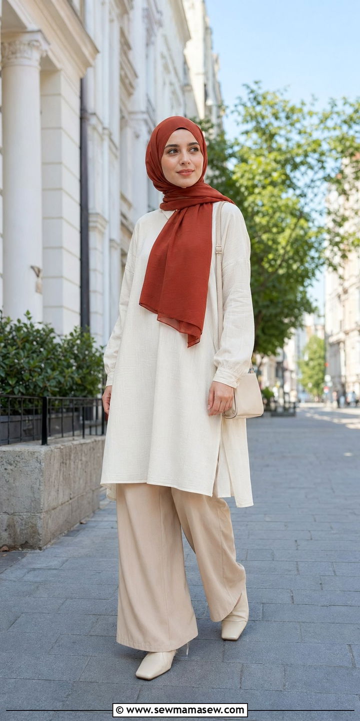 Tunic top with wide leg trousers - 35 Modest outfit ideas for Muslim women