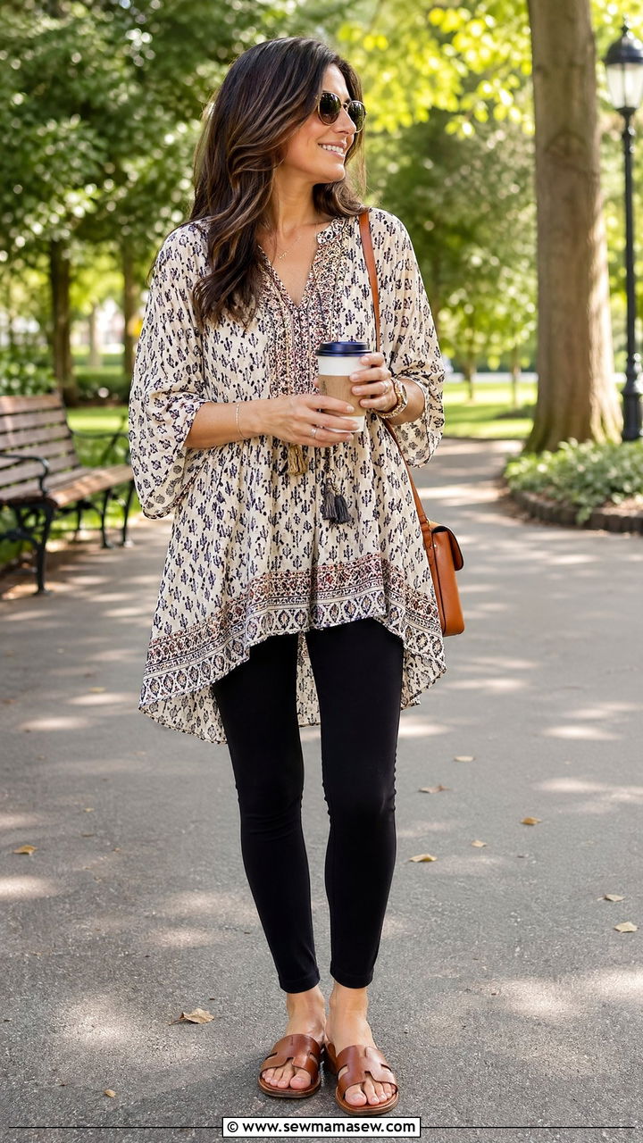 Tunic with Leggings and Sandals - 35 Spring outfit ideas for mom