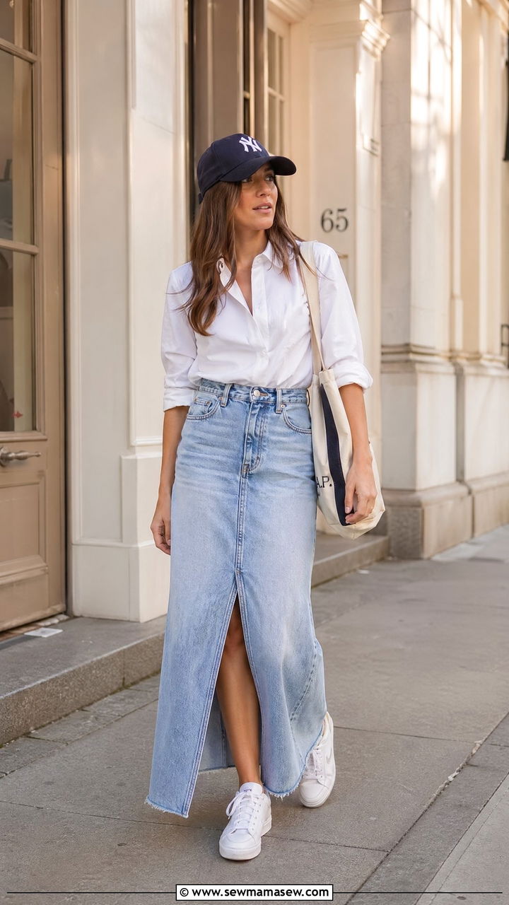 Tunic with a denim maxi skirt and sneakers - 35 Tunic outfit ideas