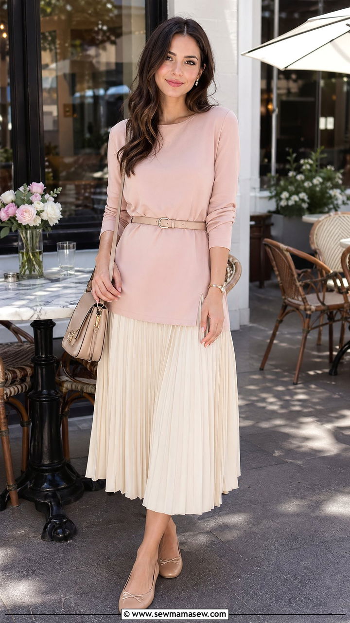 Tunic with a midi skirt and ballet flats - 35 Tunic outfit ideas